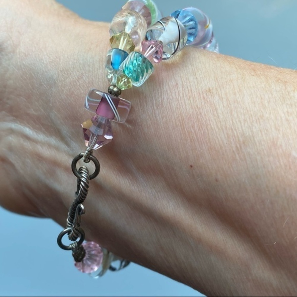 Artisan 925 Sterling Silver Pastel Pink Blue Crystal Glass Beaded Bracelet NEW - Picture 5 of 11